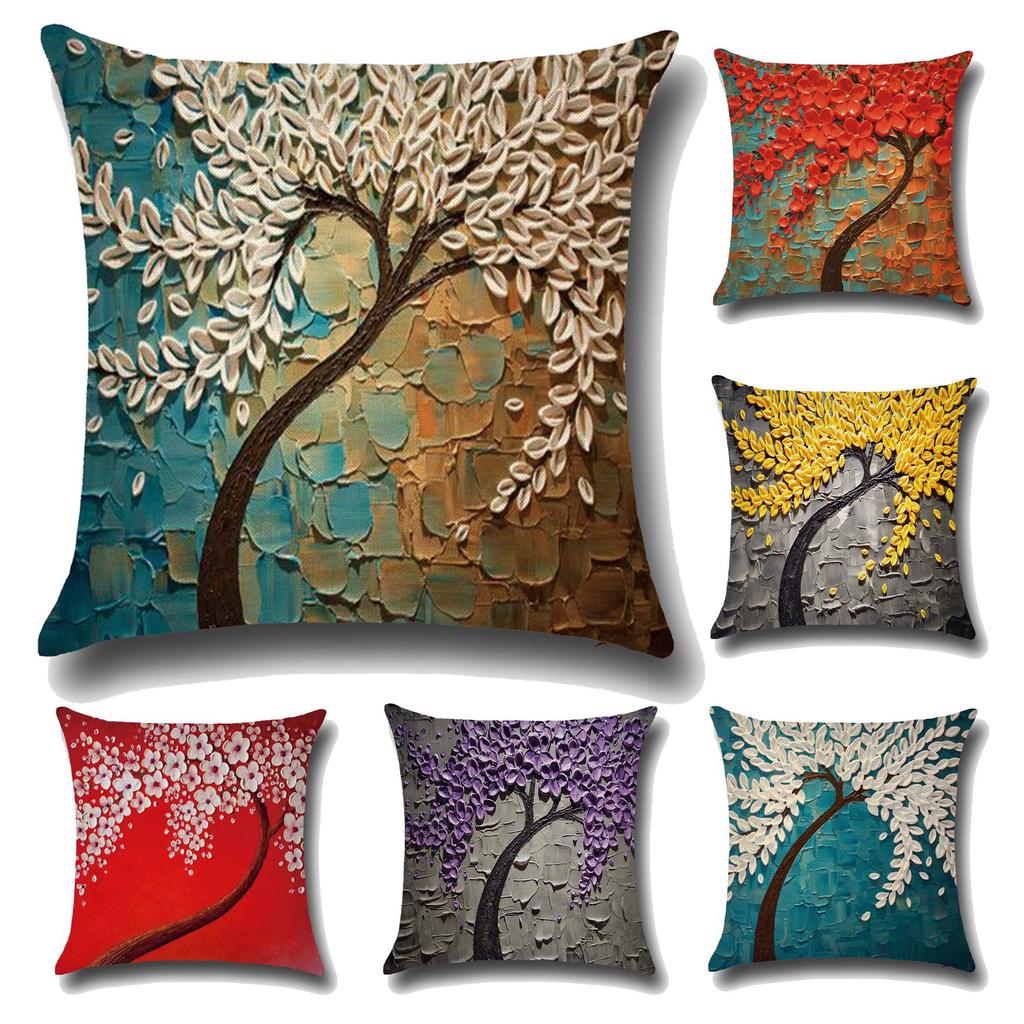 Three-dimensional Oil Painting Trees Flowers Cotton Linen Cushion Pillow Case Car Waist Cushion Cover