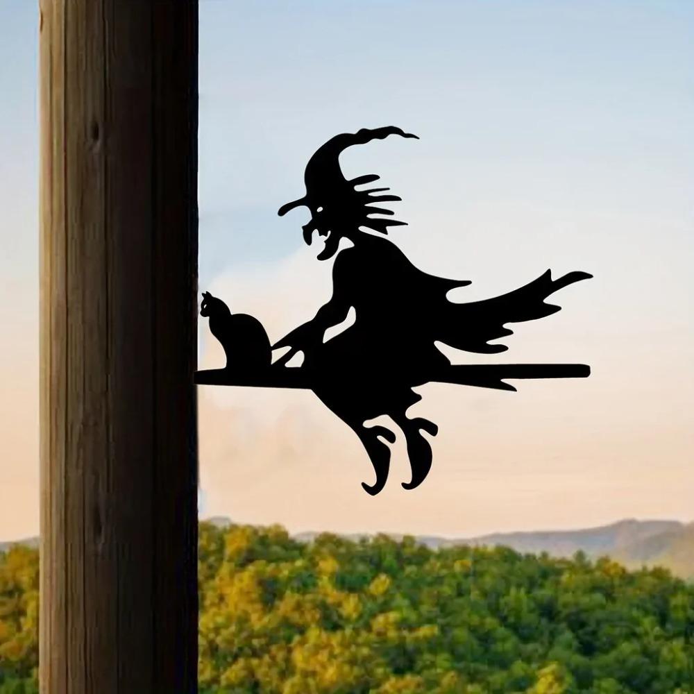 1pc Scary Witch & Cat On Branch Steel Silhouette Metal Wall Art for Home,Yard, and Patio, Outdoor Statue Stake Decoration