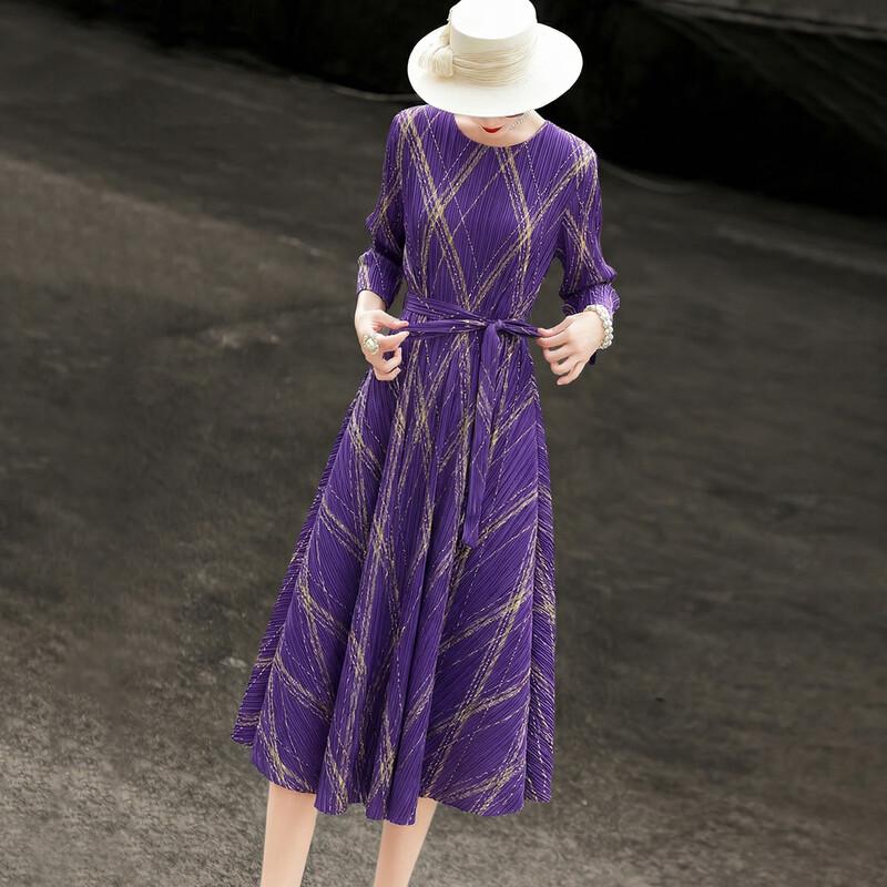 Lanseer 2026 Summer French Elegant Belted Pleated Print A-line Dress