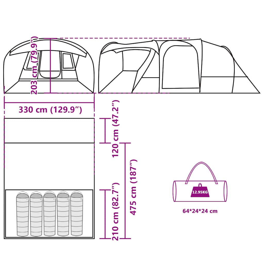 Tunnel Tent for 5 Persons Grey and Orange Waterproof