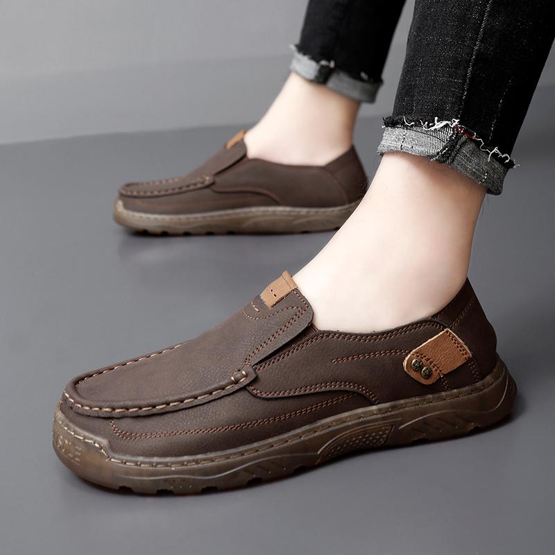 Fashion Large Size Spring And Autumn New Style Casual Shoes For Mens Large Size Beans Shoes Hand Sewn Leather Shoes Casual Flat Bottom