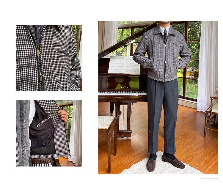 Men's Retro Houndstooth Zipper Jacket - Autumn/Winter Casual Waist-Cinching Lapel Design