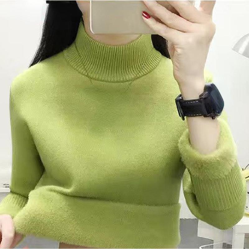 Pulover cald coreean Pulover Femei Iarna Subțire Îngroșare Pluș Căptușit din catifea Tricoturi Jumper Jumătate Gât țesut Poleras Topuri din tricot moale