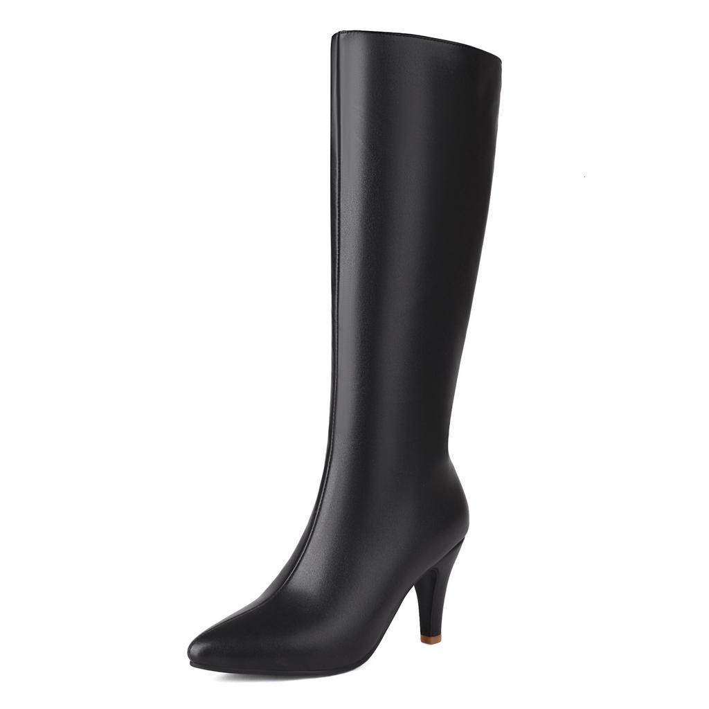 Autumn Winter Women Knee High Boots Chunky Spike Heel Sexy Dress Casual Party Lady Red Black Brown Pointed Toe Zipper Long Boots