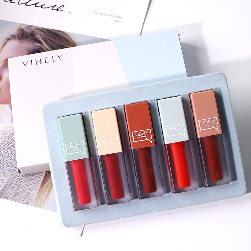 VIBELY Clear Frosted Mirror Women's Aqua Lip Glaze Set of 5 Matte Matte White Non-Stick Lip Glazes