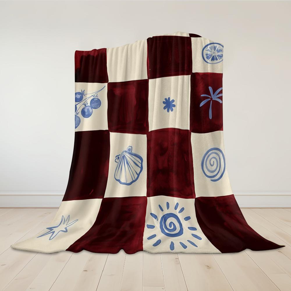 Burgundy & Blue Check Flannel Blanket Warm Soft Halloween Christmas Couch Warm Cozy Decorative Decor Gift for All Season