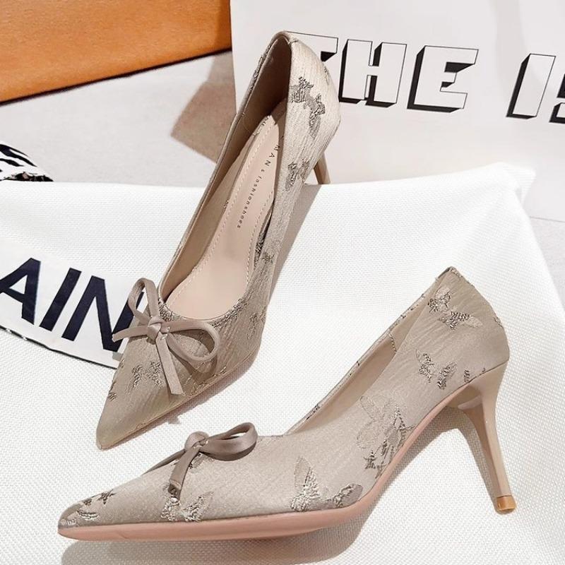 Fashion Spring New Thin Heel Single Shoes Women's Pointed Head Satin Shallow Mouth Butterfly Knot Anti-slip Wear-resistant High Heels