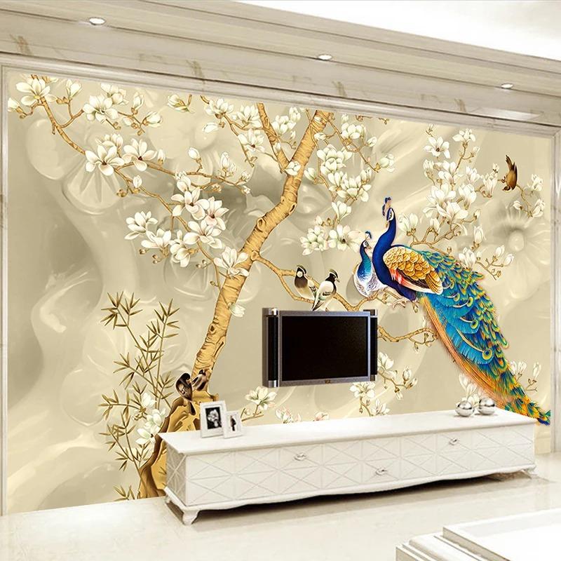 3d Stereo Magnolia Flowers Wallpaper Peacock Wall Mural Living Room Tv Sofa Background Wall Papers For Walls 3d