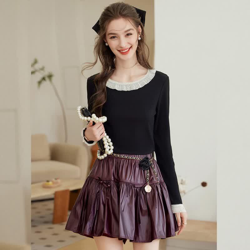 French Elegant Pleated Lace Long Sleeve T-Shirt