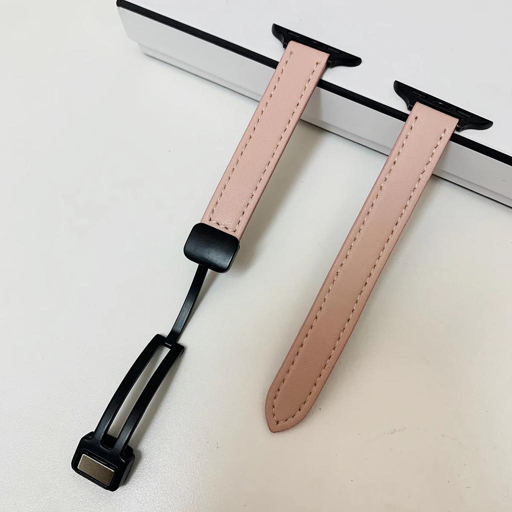 Folding Buckle Leather Magnetic Strap For Apple Watch S10 42/46mm 9 8 7 6 SE 5 4 Slim Watchband 38 40 44mm 45mm 41mm For iwatch