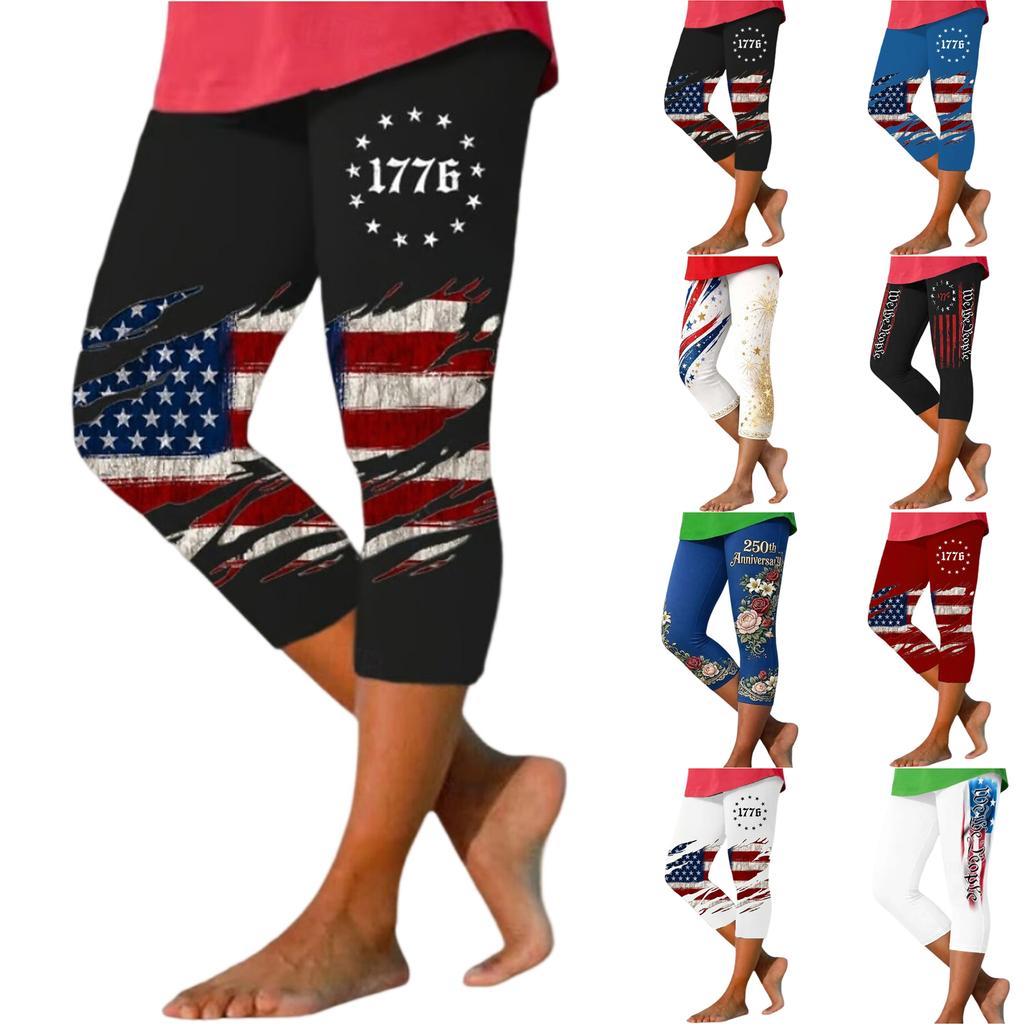 Women Elastic Waist Capri Pants Stretchy Fitted Mid-Calf Length Beach Shorts with Patriotic Print for Summer Casual Wear