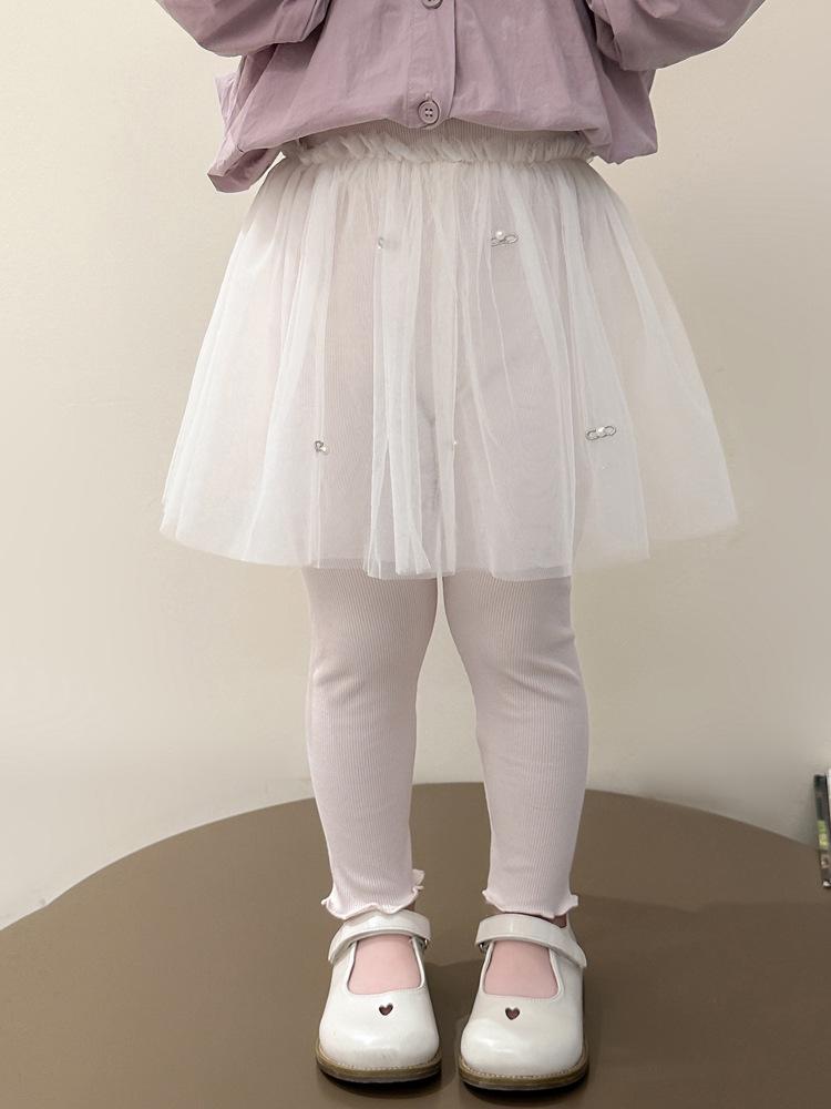 Pantalon en maille pour filles Printemps & Automne avec Jupe en Gaze Perle - Leggings Élégants Deux-en-Un pour Bébés Filles