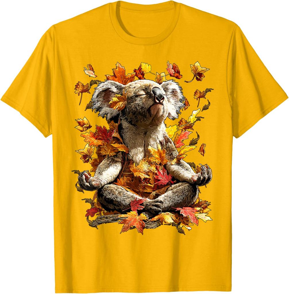 Meditating Koala Autumn Leaves Graphic Tee Men Women Casual Soft Cotton T-Shirt