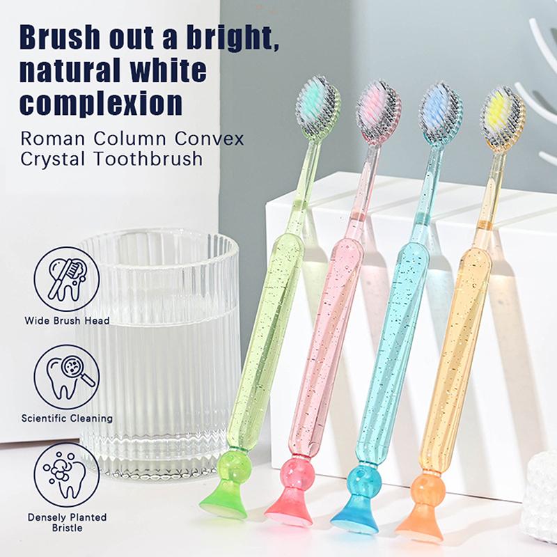Extra-Long Brush Head Antibacterial Soft Bristle Toothbrush With Non-Slip Handle And Suction Cup Base Upright Design