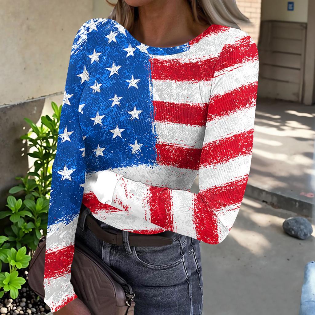 Damen Freizeit Langarm Rippstrick Oberteil Rundhals Pullover Amerikanische Flagge Print Leicht Dehnbares Shirt für den Alltag