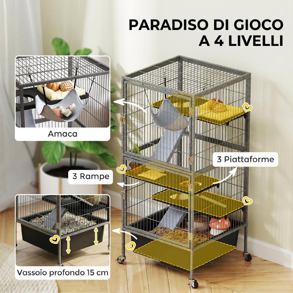 4-Tier Small Animal Cage with Ramps, Platforms, Hammock and Wheels, 52x52x115 cm, Grey
