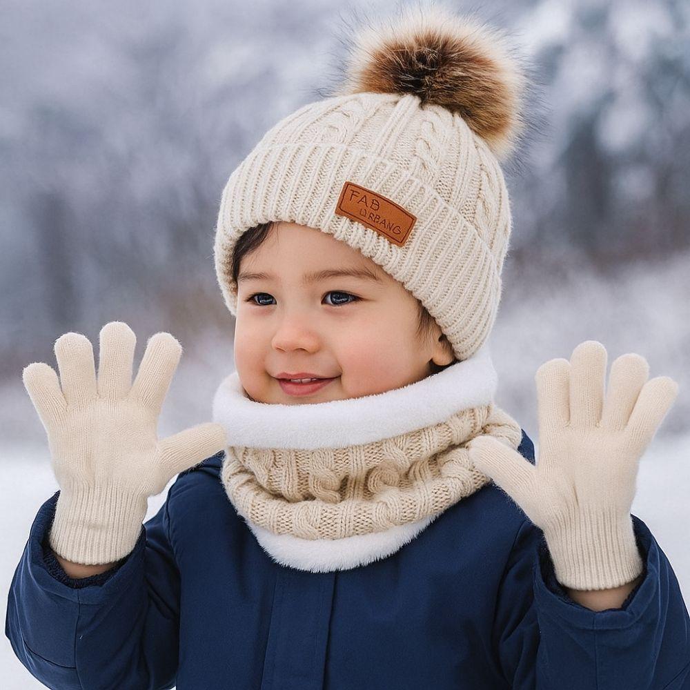 3pcs/set Comfortable Toddler Bonnet Cute Pompom Knitted Hats Kids Hat Set  Autumn Winter