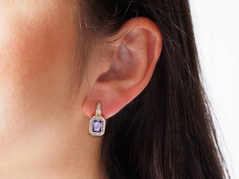 585 Gold Earrings with a Rectangular Purple Stone and White Zircons