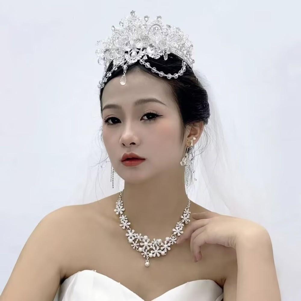 Elegant Pearl Necklace Ears Sparkling Earrings Set Flower Necklace Bridal Wedding