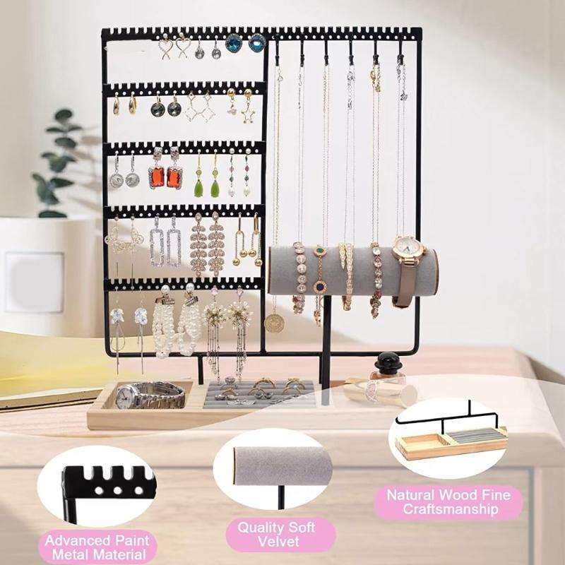 Organisateurs de bijoux élégants Support à colliers et boucles d'oreilles multicouches avec plateau en bois naturel pour la décoration de la maison