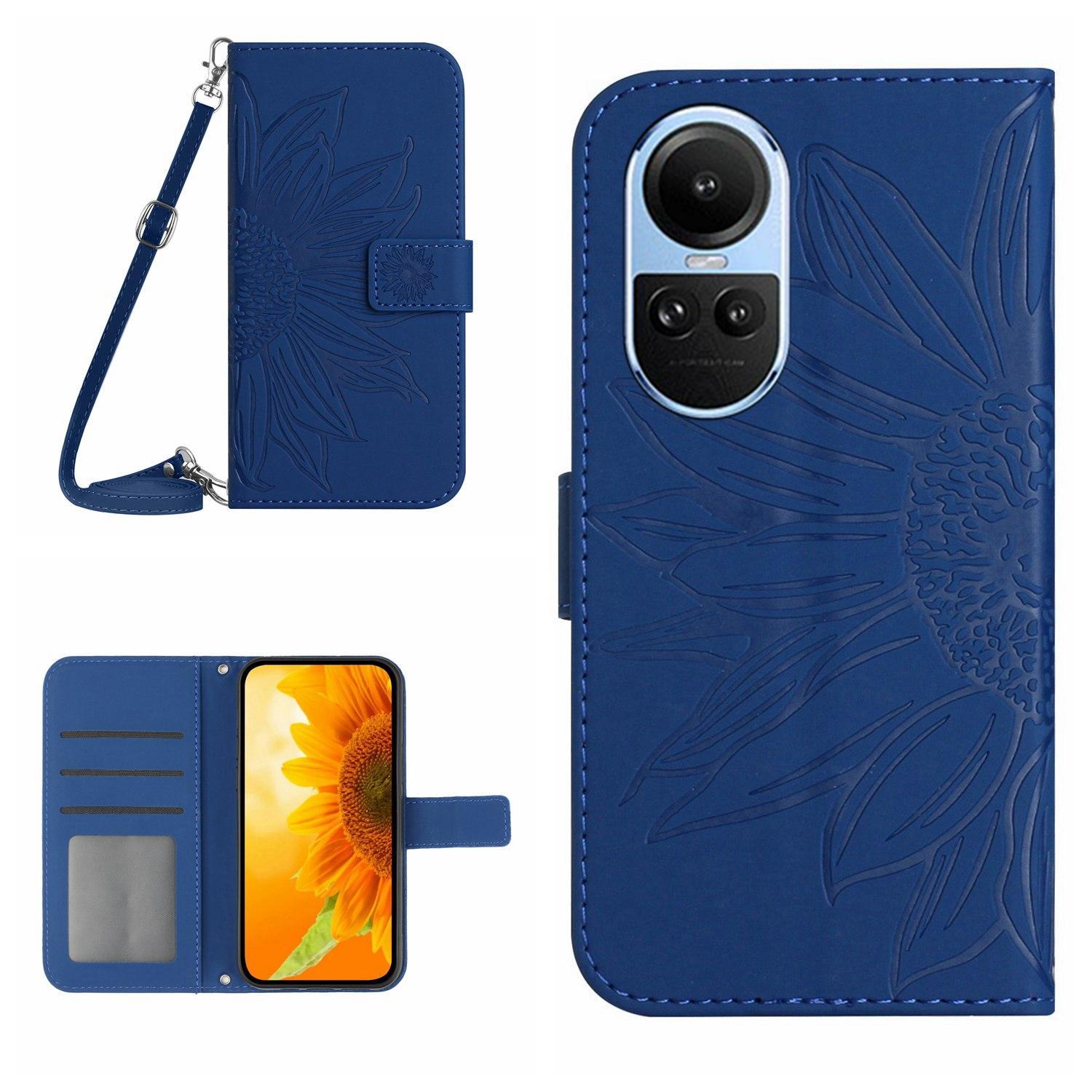 

HT04 For Oppo Reno10 Pro 5G (Global)/Reno10 5G (Global) Wallet Stand Leather Phone Case Sunflower Imprint Cover with Shoulder Strap Sapphire