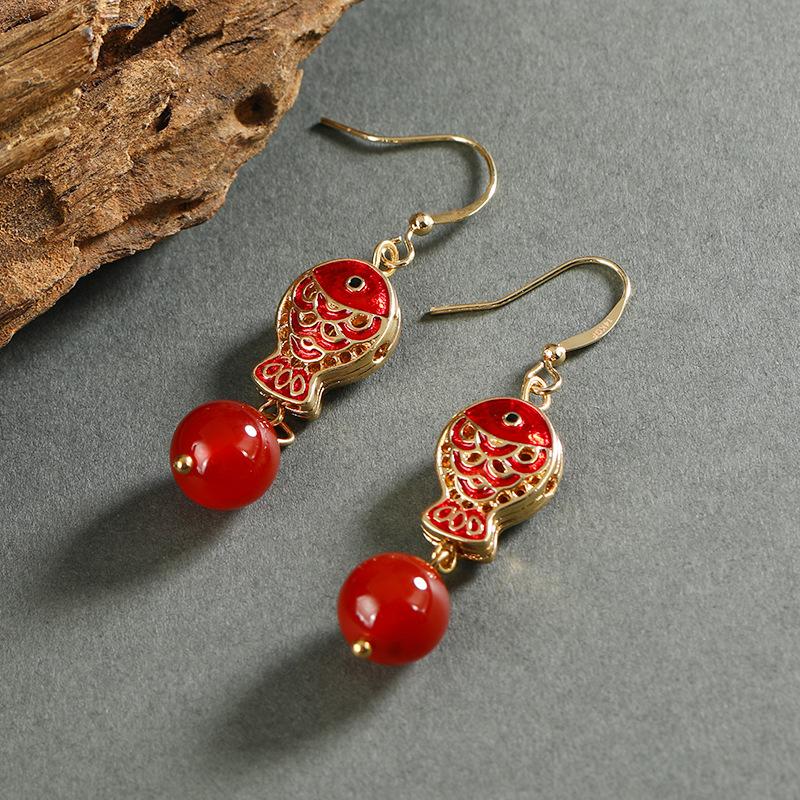 Boucles d'oreilles vintage style chinois poisson rouge koi design de niche féminité style ethnique boucles d'oreilles en jade boucles d'oreilles tendance