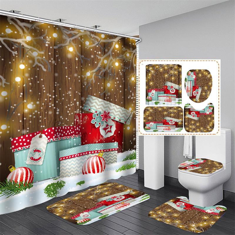 Santa Vánoční sada sprchových závěsů Vanová předložka Protiskluzový koberec Koupelnová přepážka Vodotěsná Domácí dekorace Cortinas Para Ba ñO