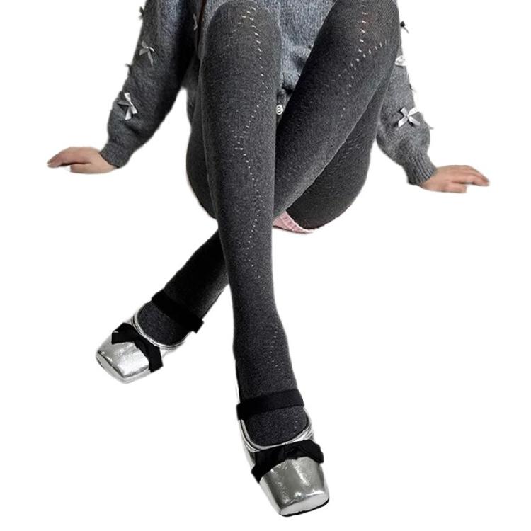 Women Hollowed Plaids Pattern Stockings Cotton Pantyhose Solid Color Winter Opaque Tights Bottoming Leggings Hosiery