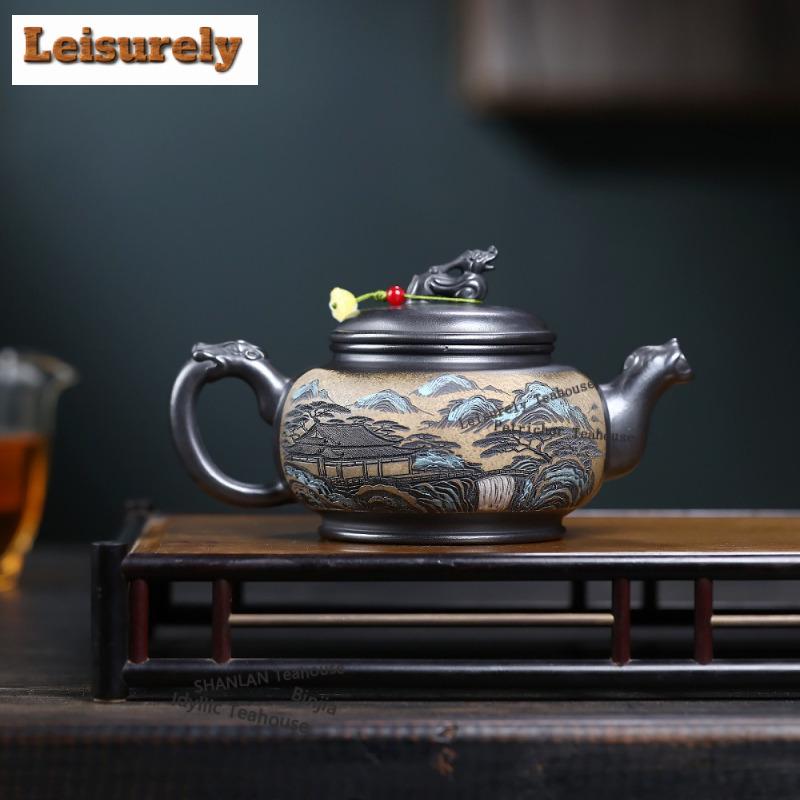 410ml Retro Yixing Lila Ton Teekannen Handgefertigter Landschaftstopf Rohmaterial Stein Gelber Schlamm Kessel Mit Sieb Chinesisches Zisha Teegeschirr