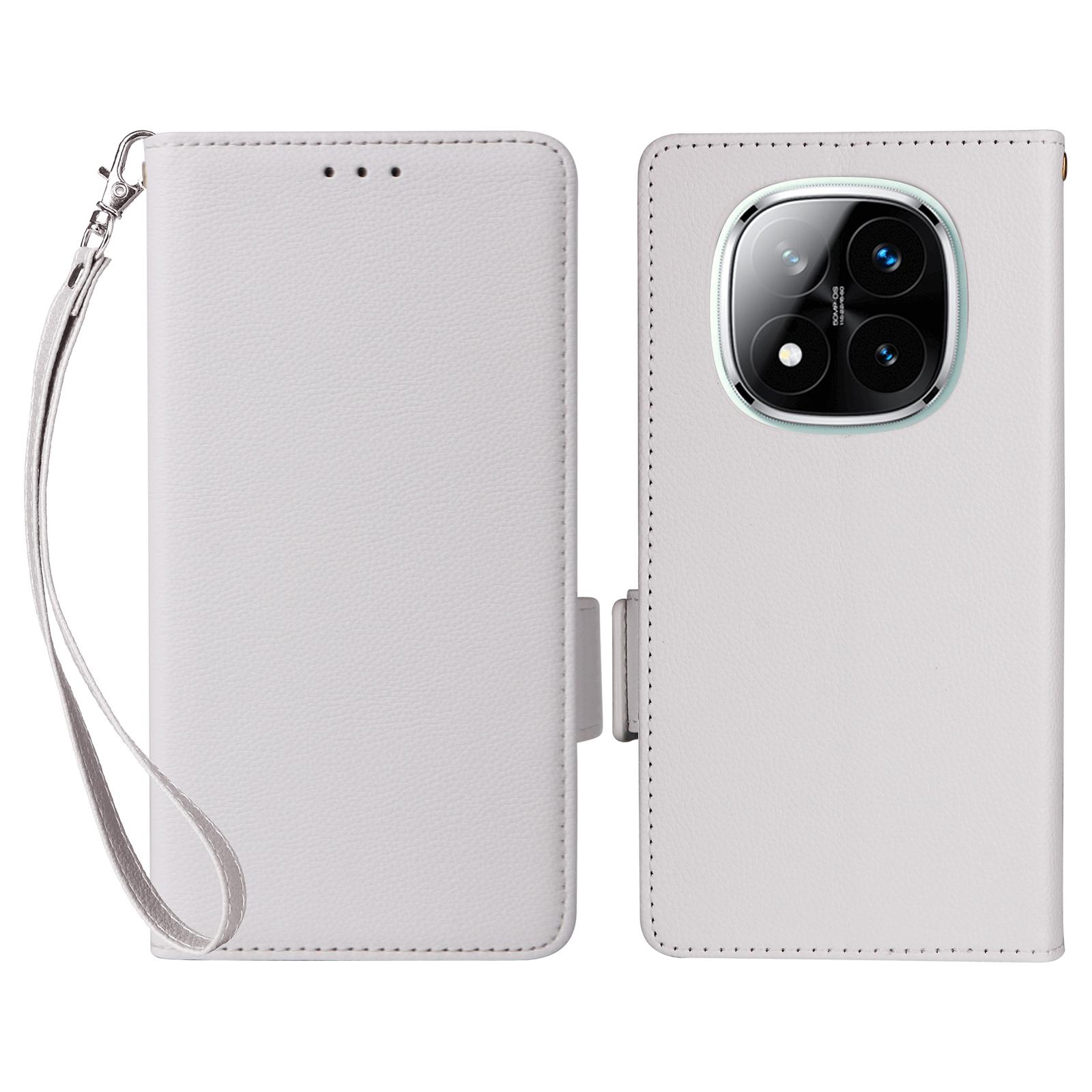 

Leather Case for Xiaomi Redmi Note 14 Pro 4G Case with Wrist Strap Litchi Texture PU Leather Wallet Phone Cover White