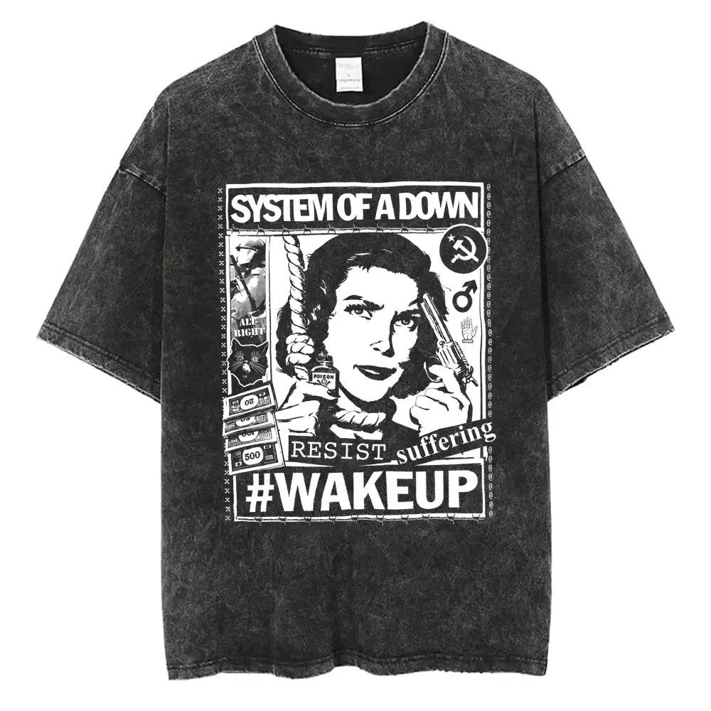 2026 Washed Vintage System of A Down Tshirt Men Women Cotton Quality Short Sleeve Tees Male Rock Music Band Cartoon Graphic T Shirts Y2K