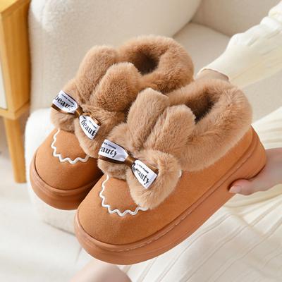 Slippers Women Winter Indoor Warm Faux Fur Girl Home Cotton Shoes Cute Bow Knot Rabbit Plush Bedroom Thick Heels Ladies Slides