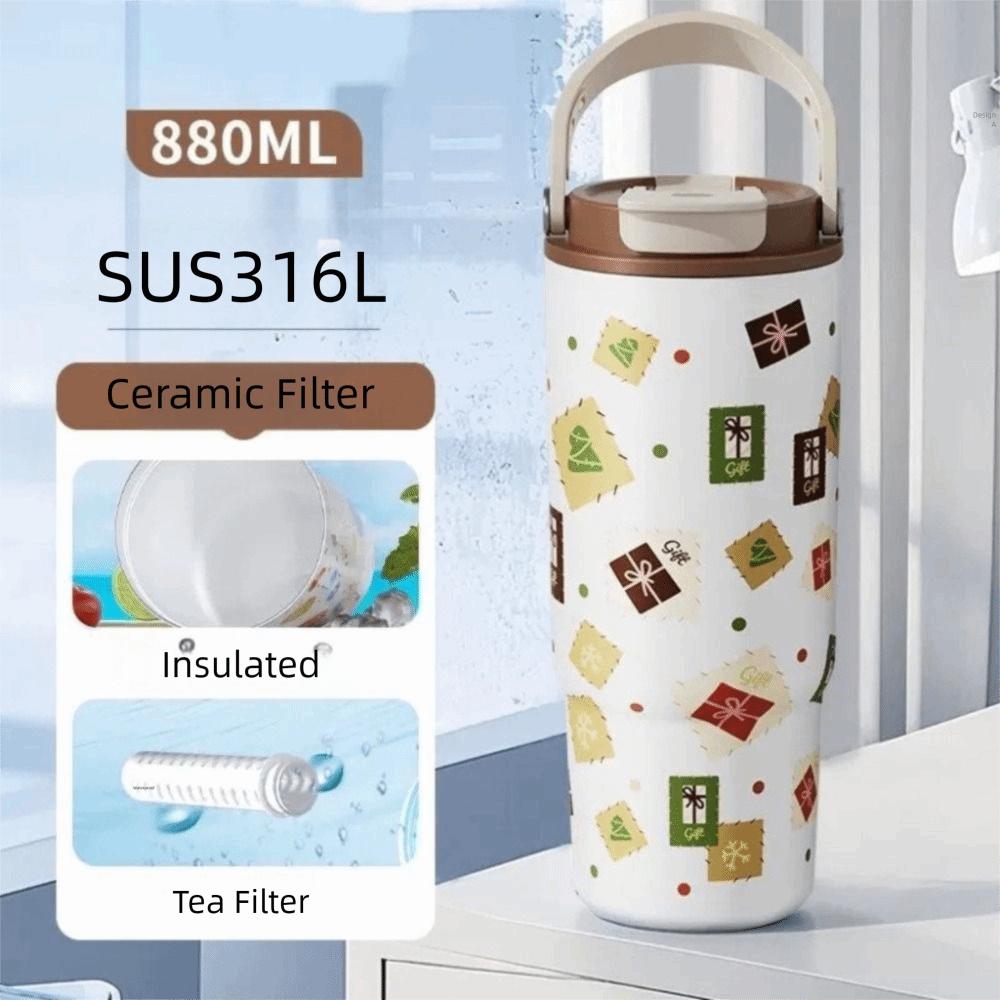 New 880ml Thermal Cup Ocean Pattern Large Capacity Vacuum Cup with Handle Ceramic Liner Insulated Cup Travel