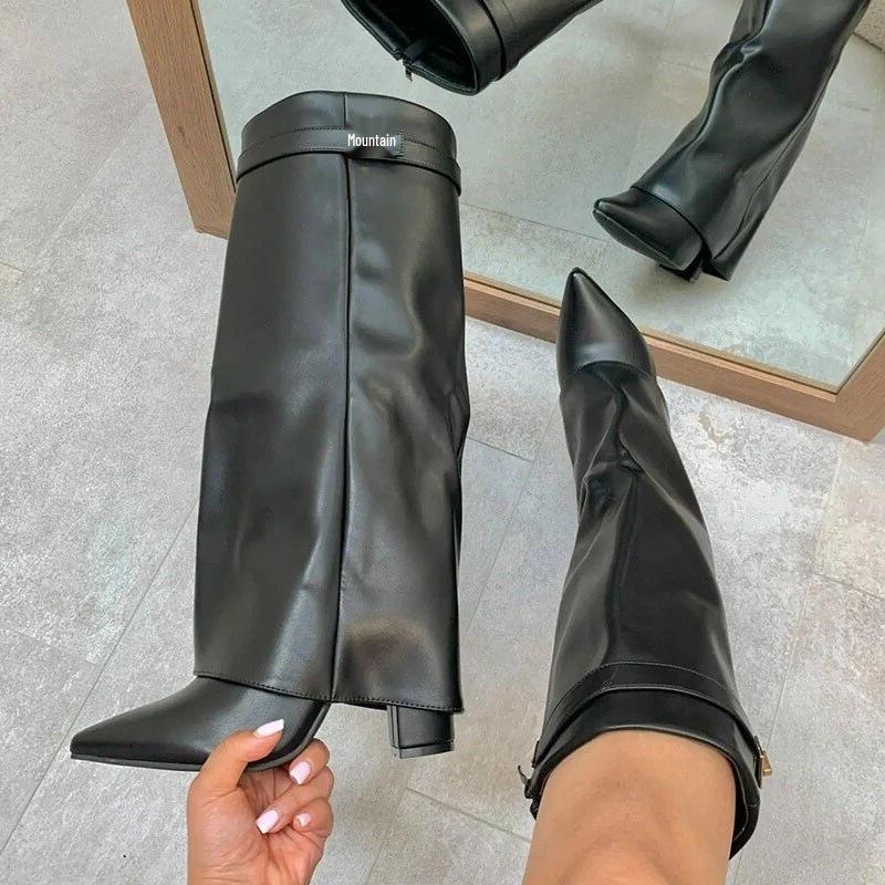 Bottes à talon bloc pointues pour femmes grande taille avec boucle métallique – Mi-longues, Mollets larges