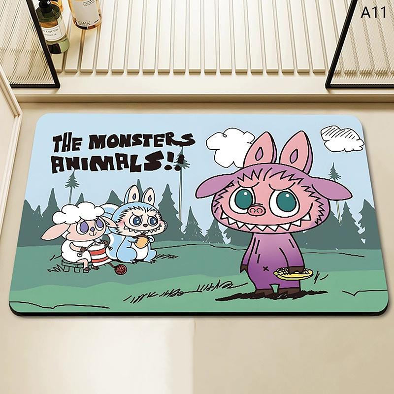 Alfombra de baño con estampado de Labubu de dibujos animados, felpudo antideslizante, alfombrilla de secado de cocina para dormitorio, alfombrilla de drenaje, alfombra de entrada, alfombra de dibujos animados para el hogar