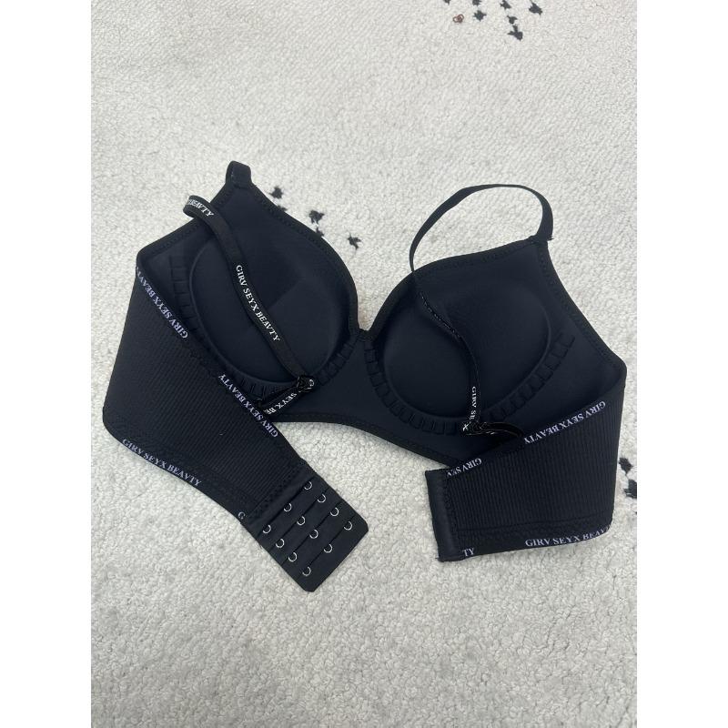 Women's Cotton Push Up Bra, Ribbed Seamless Wireless Bralette, Letter Strap Shapewear Bra