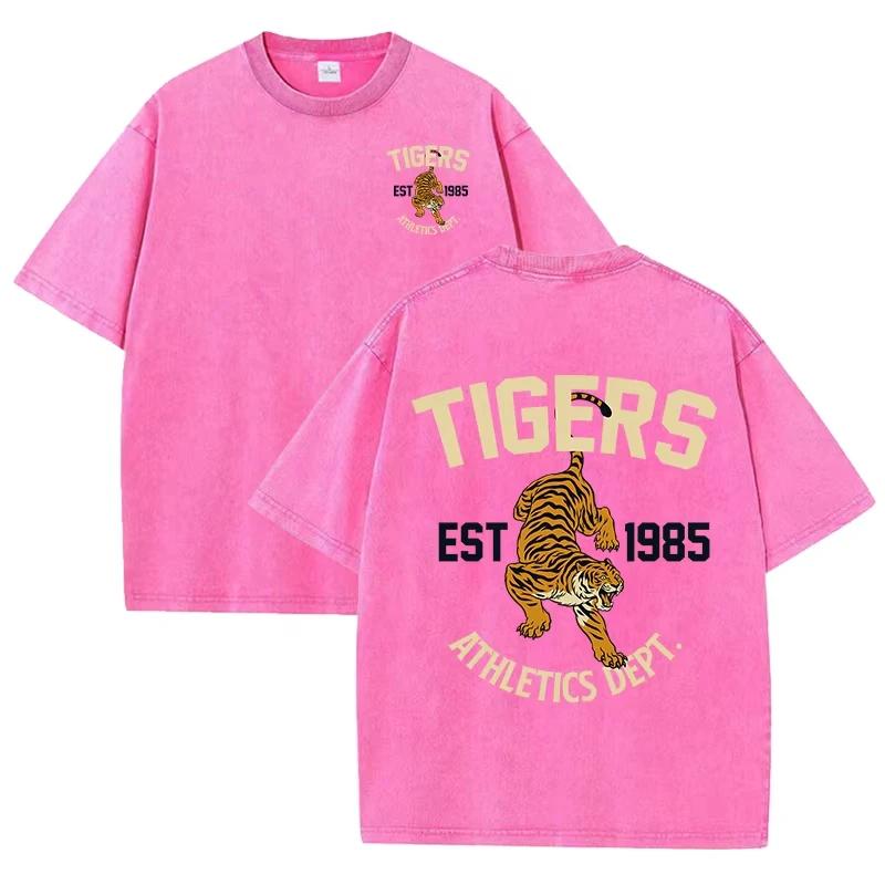 Stärkerer Tiger Sport Print Wasch T-Shirt Damen Sommer Bequem Gewaschenes Tee Lässige Kurzkleidung Weiche Baumwolle Unisex Kleidung