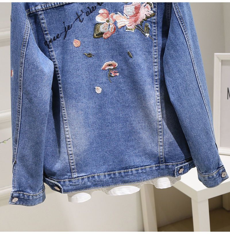 Women's Denim Jacket Spring and Autumn Casual Versatile Embroidered Retro Mid-length Top