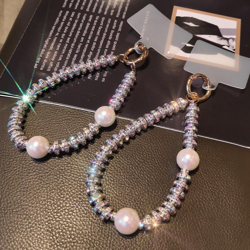 Pearl Rhinestone Mobile Phone Lanyard Clip Anti-Drop Short Hand Rope Keychain Decoration Advanced Sense Light Luxury Women
