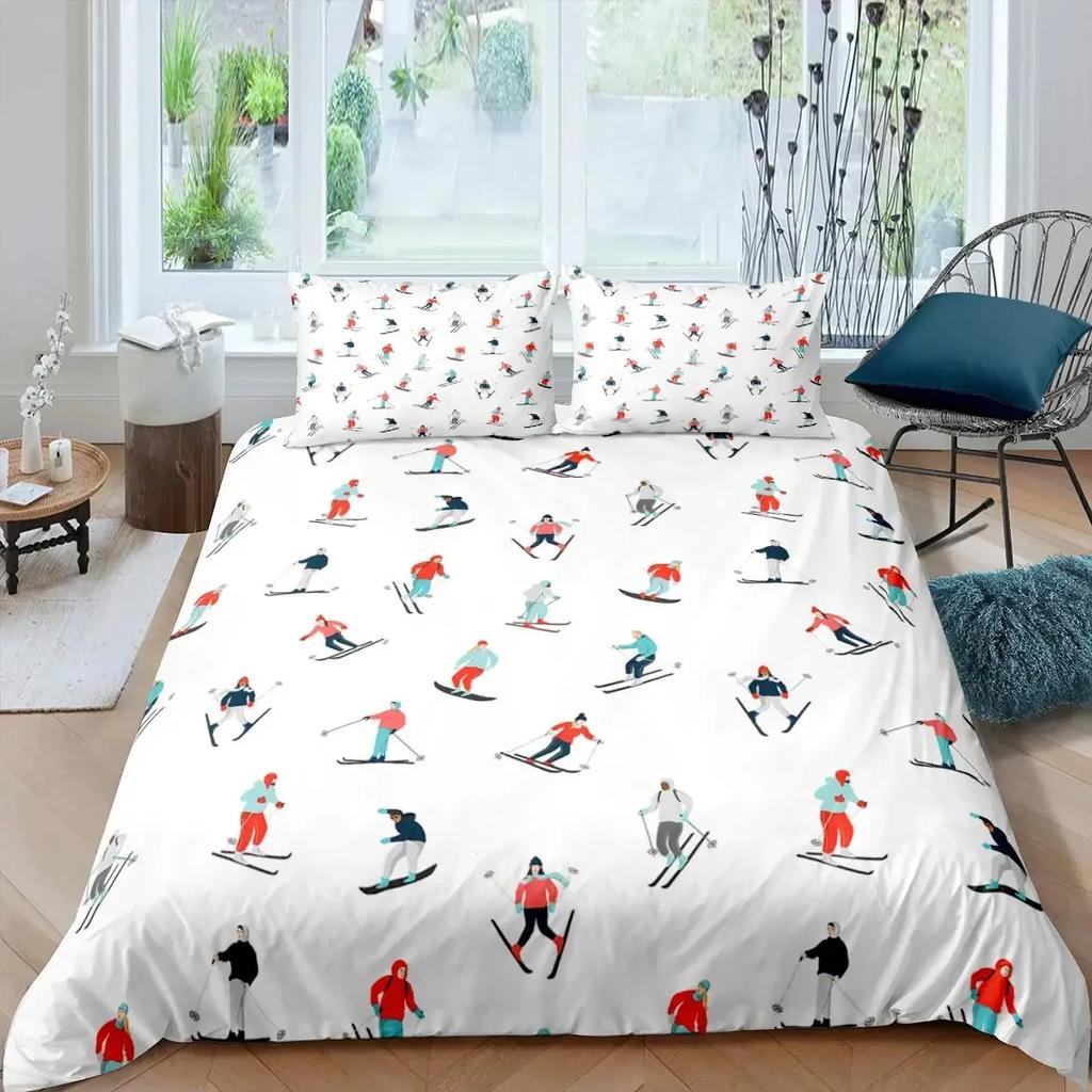 Ski Sports Duvet Cover Set Full Size Winter Sports Skiing Bedding Sets Snow Mountain Landscape Comforter Cover for Boys Girls