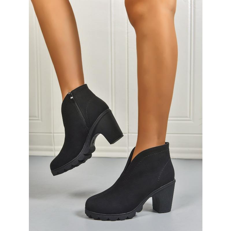 2025 Winter Side Zipper High Heel Fashion Boots Women's New Plus Size Block Heel V-Mouth V-Mouth V-Mouth V-Boots