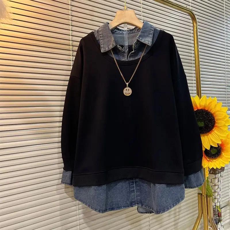Autumn Winter Covering the Flesh Showing Slim POLO Collar Sweatshirt Ea Large Size Casual Stylish Fake Two-piece Tops Women