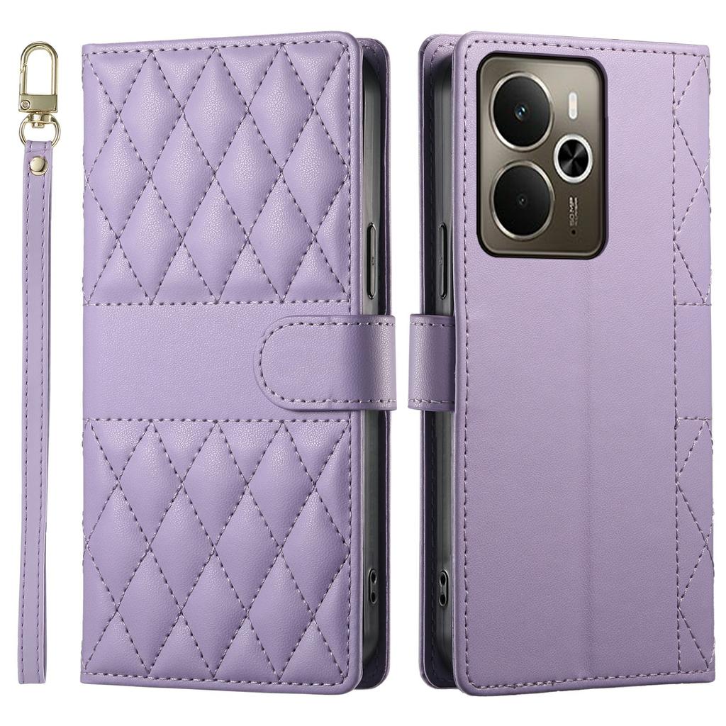 Für Realme 14 5G Hülle Rautensteppung Brieftasche Ständer Leder Handyhülle mit langem/kurzem Riemen