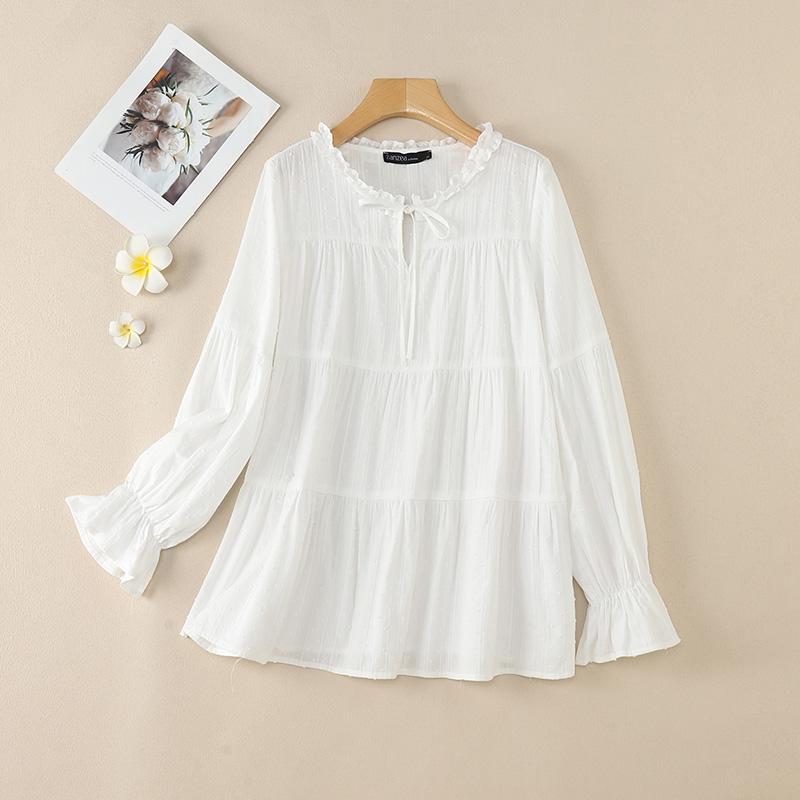 

ZANZEA Женская повседневная блузка из хлопка с круглым вырезом и длинным рукавом 2XL белый