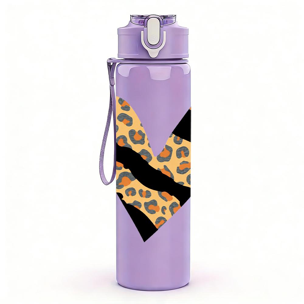1PC Leopard Print Cutout Love Heart 750ml Color Plastic Sports Water Bottle Leakproof Flip Straw Lid Suitable for Sports Office Home Use