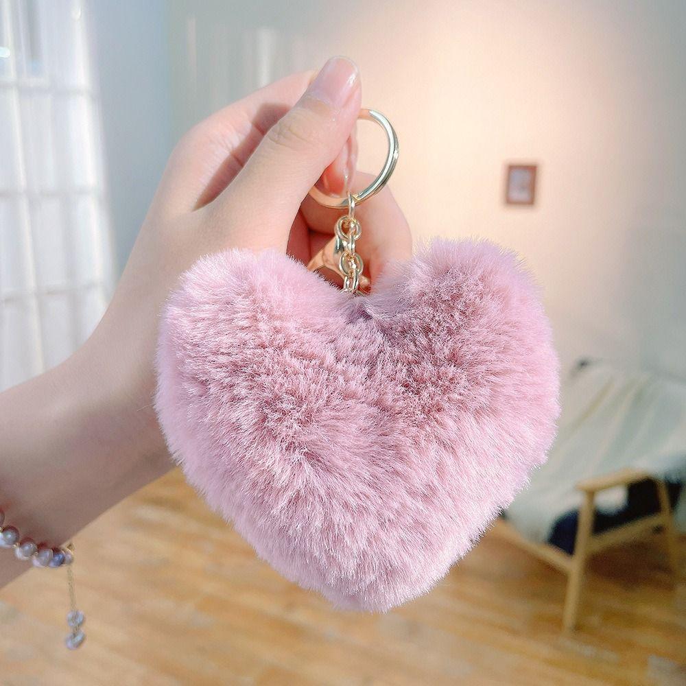 Love Heart Plush Bag Pendant Fluffy Ball Car Key Ring Imitation Rabbit Fur Solid Color Key Chain Bag Accessories