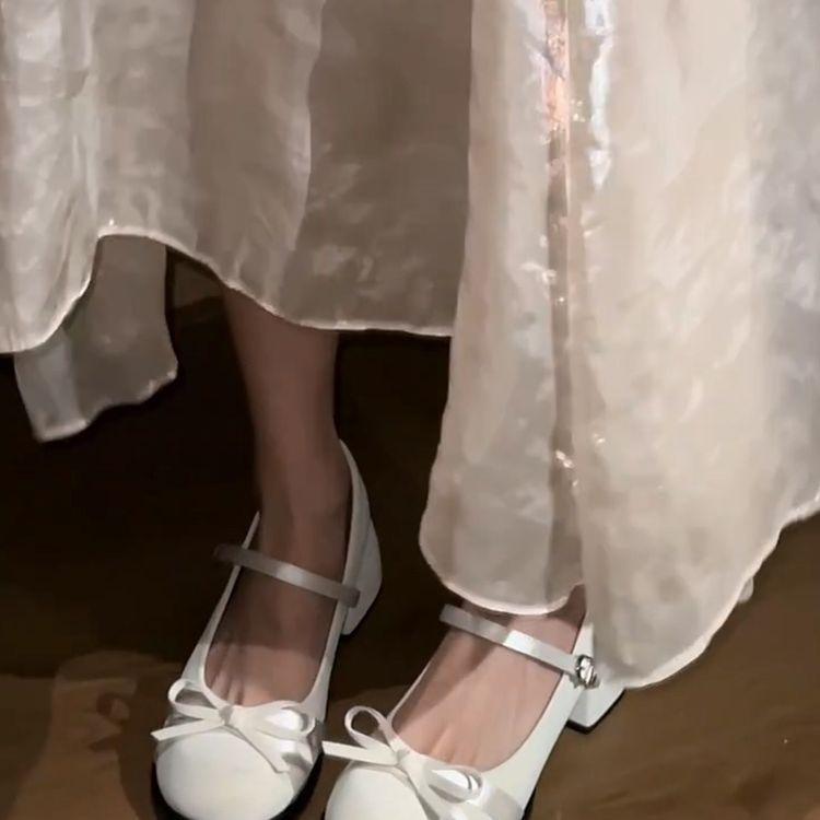 French white thick heel Mary Jane shoes women's 2025 new spring versatile bow fairy style light mouth single shoes