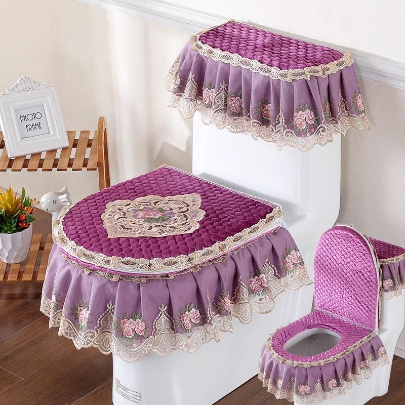 

3 шт./компл. съемный чехол для унитаза с кружевной вышивкой, ткань пылезащитная мягкая подушка для сиденья унитаза, украшение для дома, чехол для унитаза 3pcs