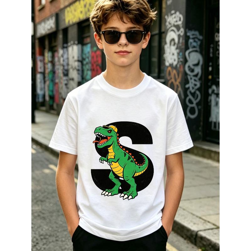 Boys Crewneck T-Shirt, Vintage Distressed T-Rex with Hat Letter S Print 110 белый