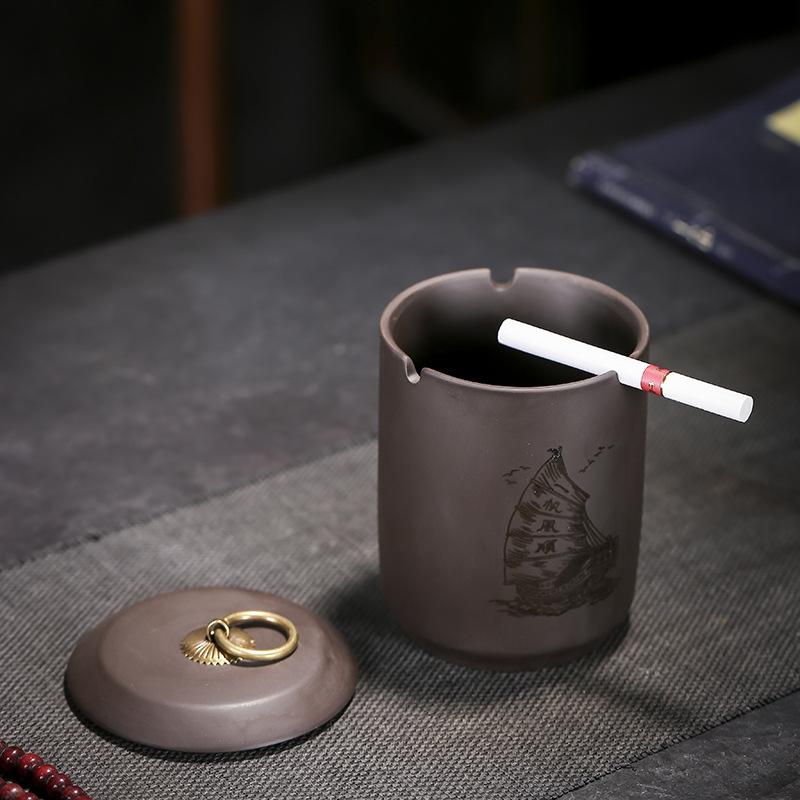 Straight Cylindrical Ceramic Purple Clay Ashtray for Men Creative Office Personalized Living Room Chinese Style Home Decor